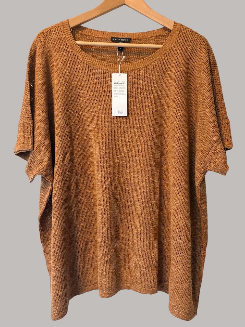 Eileen Fisher Warm Caramel Short-Sleeve Knit Top Organic Linen &Cotton 3X NEW
